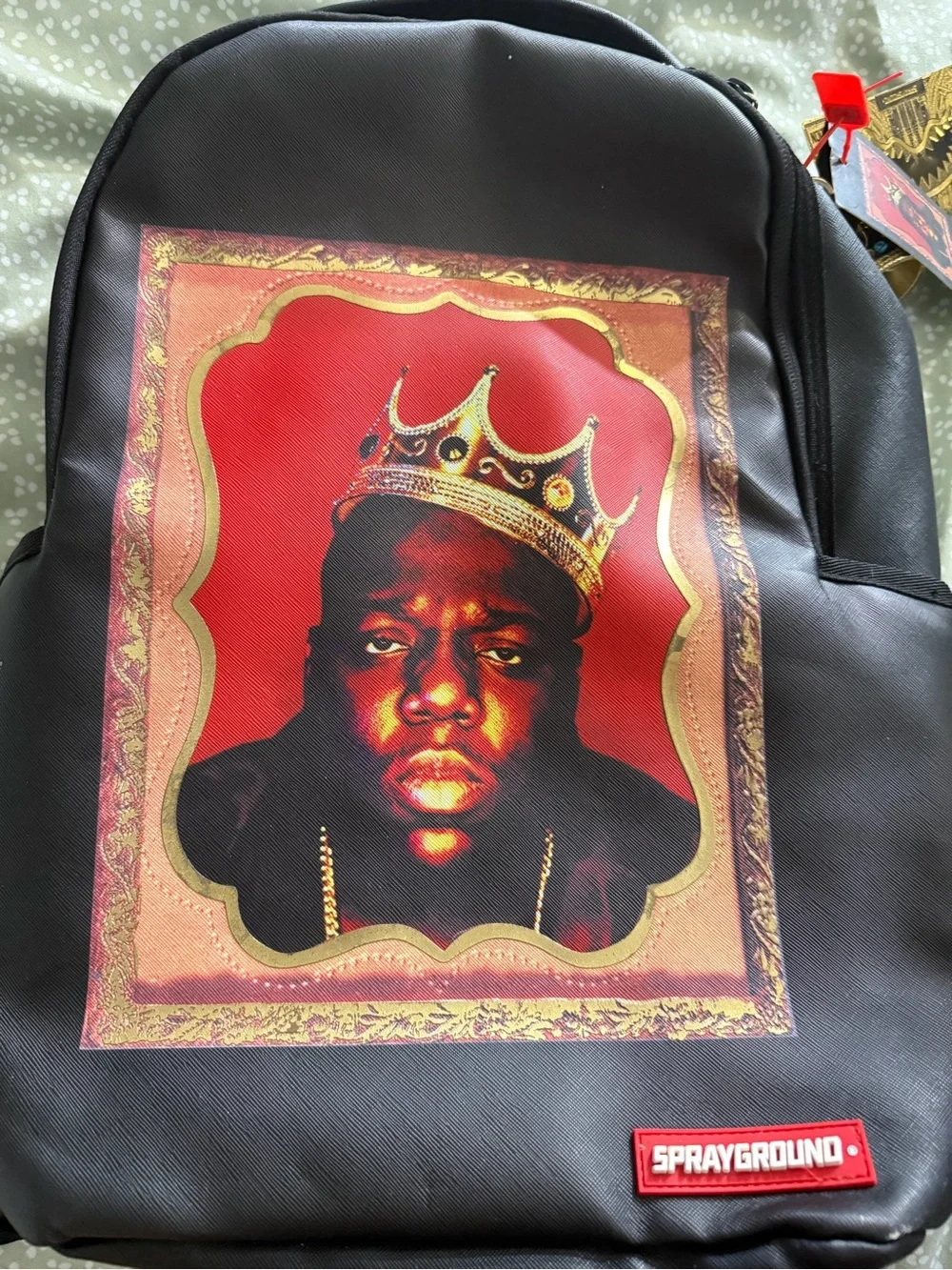 Sprayground Black Backpack with Red & Gold Crown Portrait